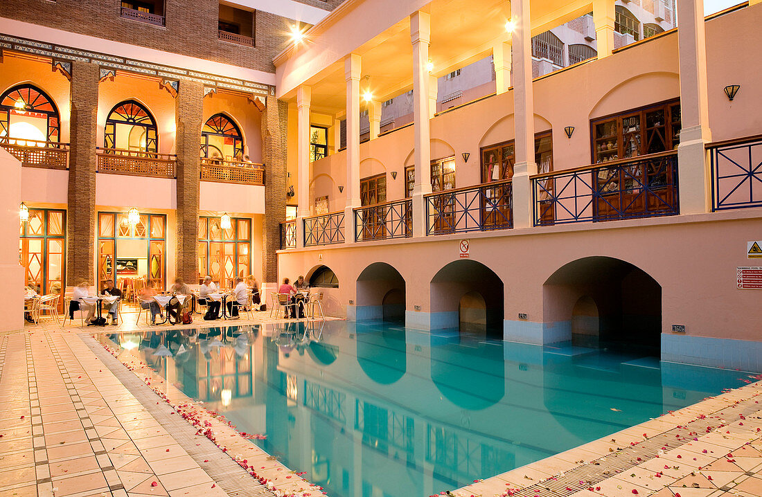 Morocco, Haut Atlas, Marrakesh, Imperial city, Gueliz district, terrace and swimming pool of Oudaya hotel