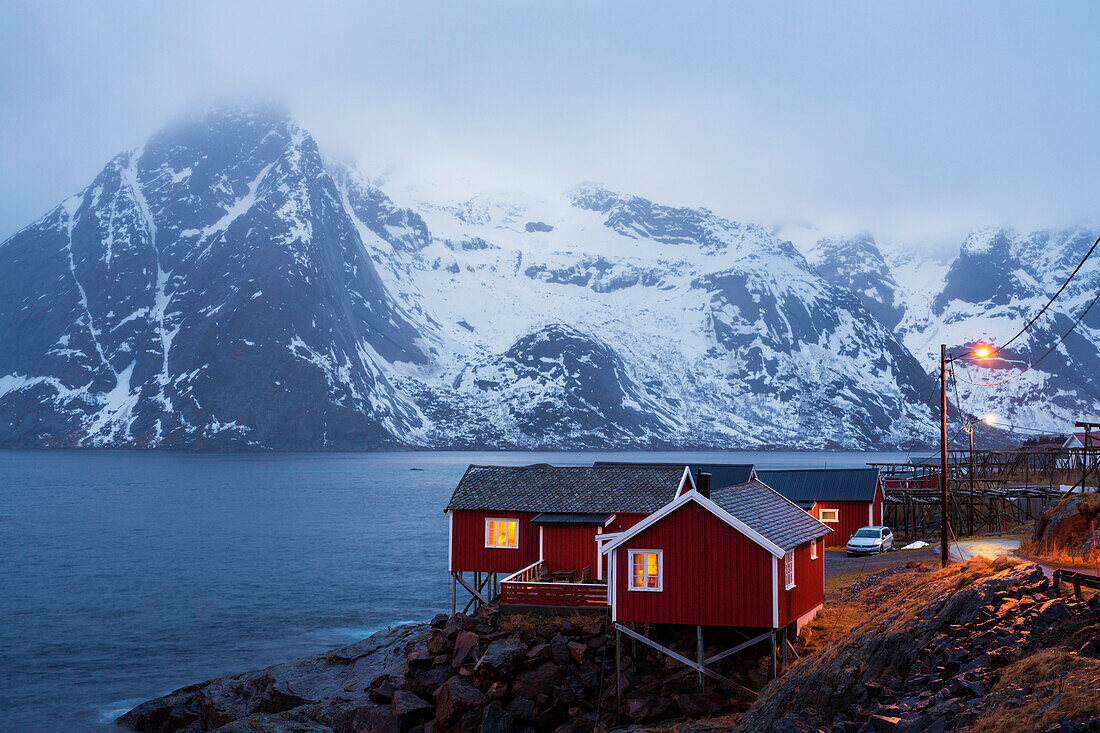 red wooden rorbu huts in fishing village Hamnoya, Moskensoya, Lofoten Islands, Norway, Skandinavia, Europe