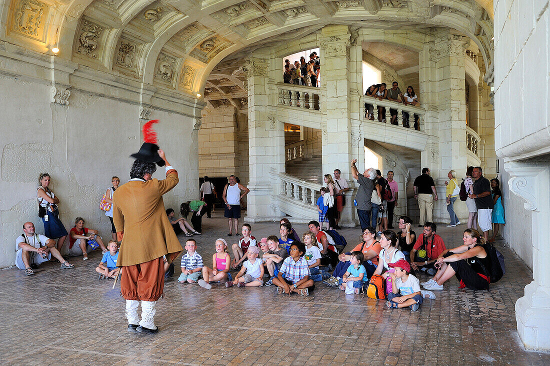 France, Loir et Cher, Loire Valley listed as World Heritage by UNESCO, Chateau de Chambord, guided tour in costume for children in front of the double helix staircase attributed to Leonardo Da Vinci