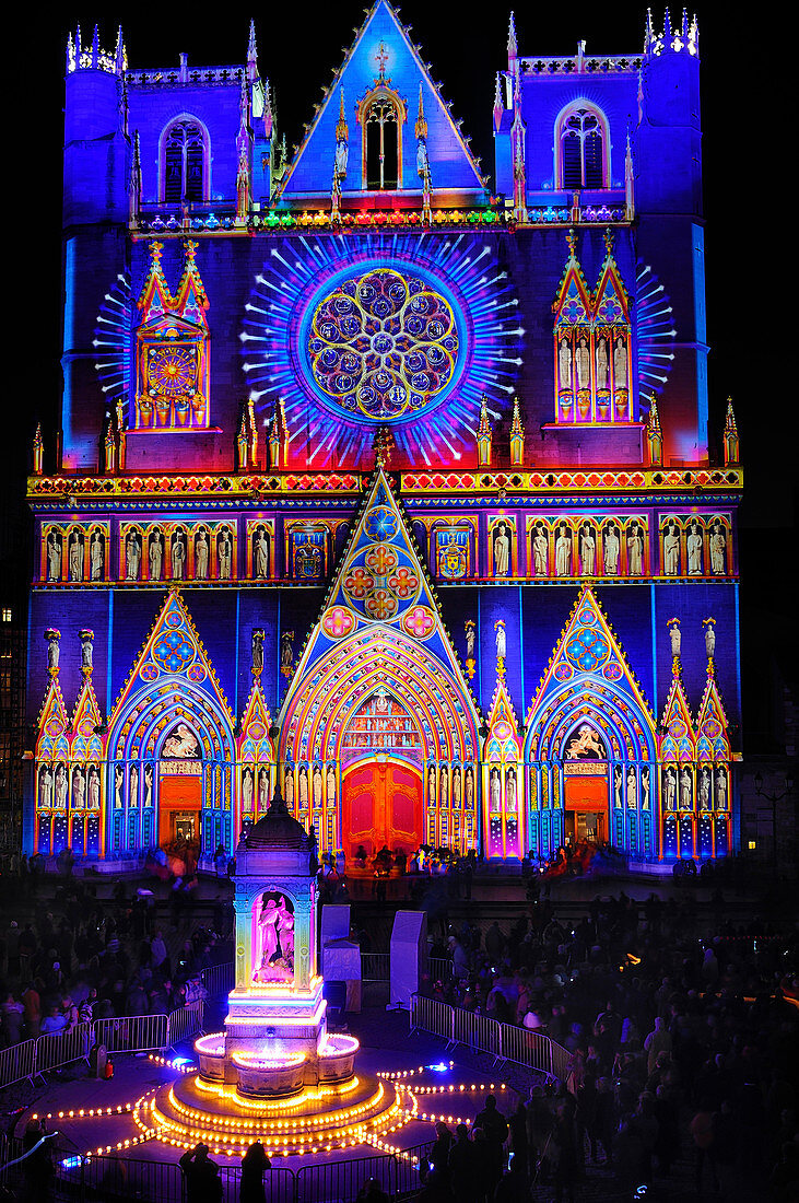 France, Rhone, Lyon, historical site listed as World Heritage by UNESCO, Fete des Lumieres (Light Festival), Saint Jean Cathedral