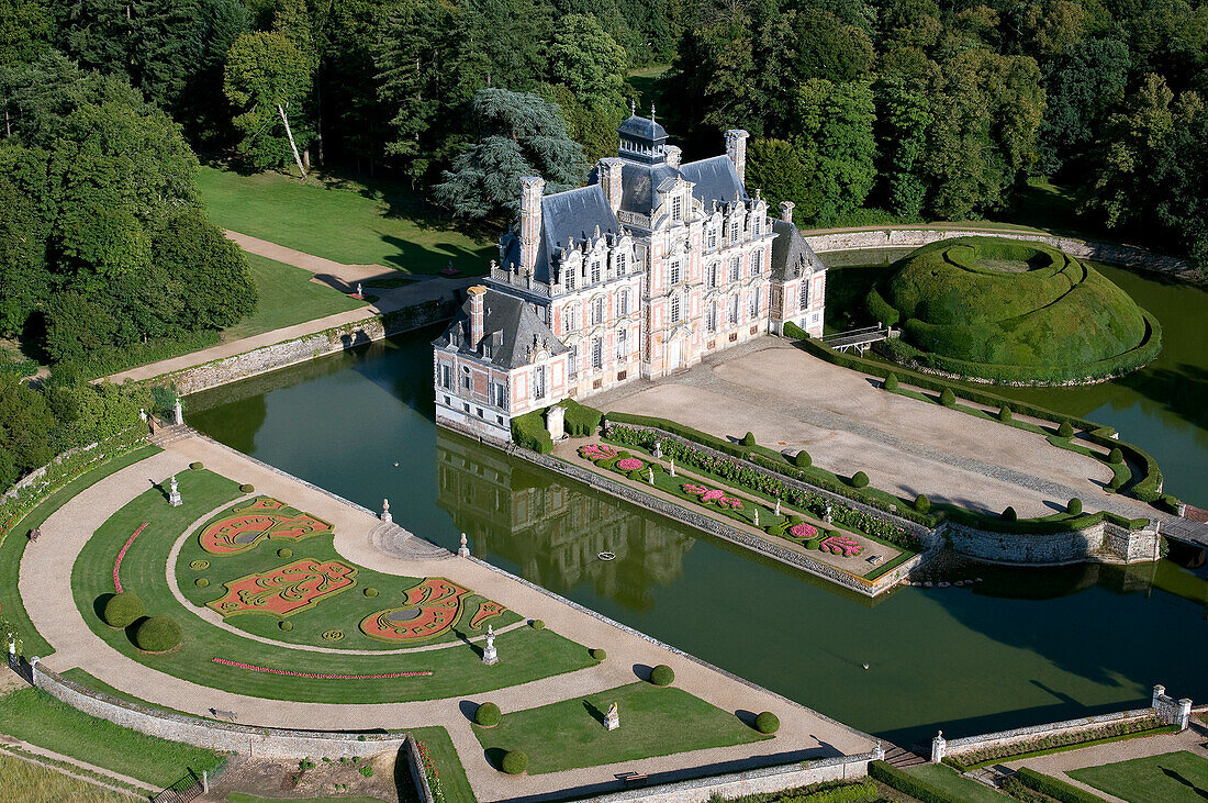 France, Eure, Chateau de Beaumesnil, castle with typical Louis XIII architecture, managed by Furstenberg Foundation (aerial view)