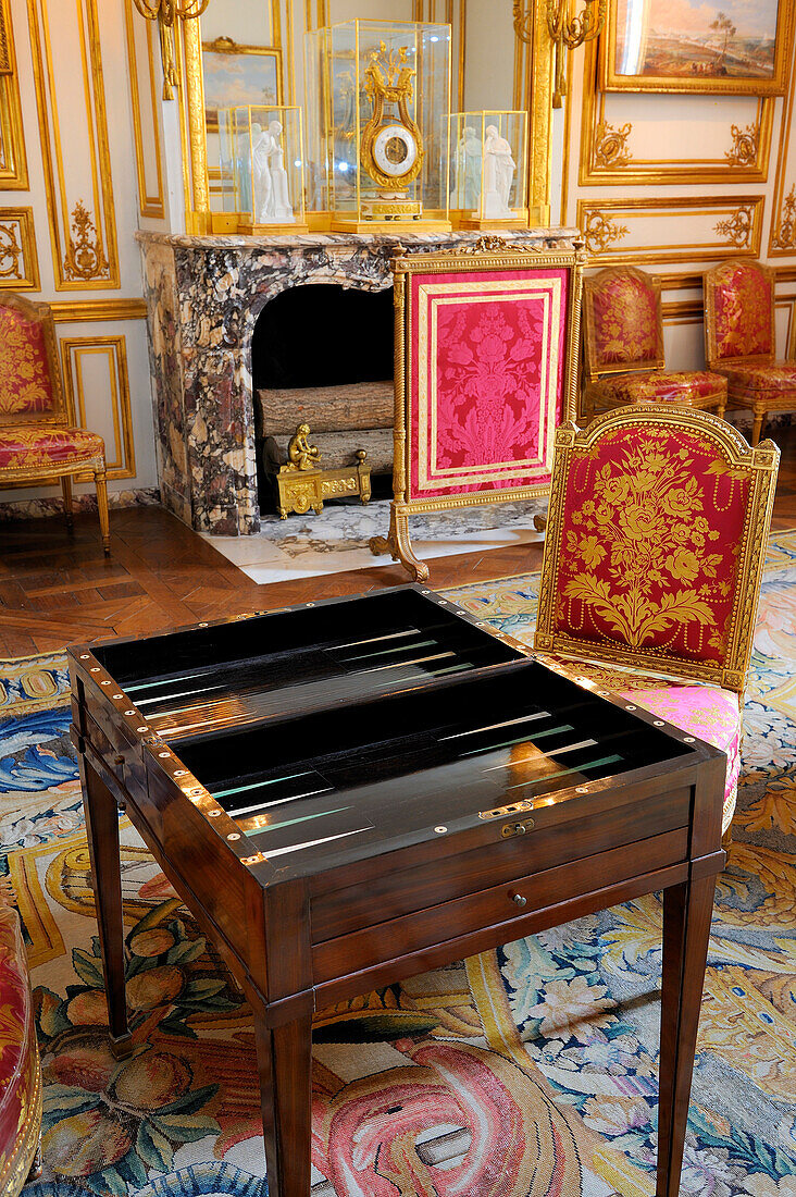 France, Yvelines, Chateau de Versailles, listed as World Heritage by UNESCO, the King's Private Apartment, King Louis XVI's rec room, tric trac table (old game similar to the Backgammon)