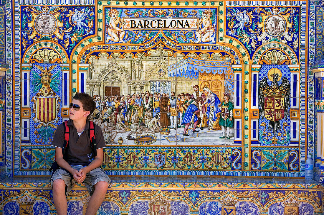 Spain, Andalusia, Seville, Plaza de Espana built by architect Anibal Gonzalez for the 1929 Spanish American Exhibition , Azulejos of Triana representing the differents provinces of Spain