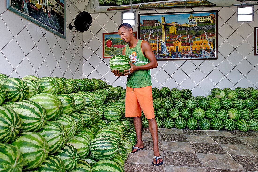 Brazil, Bahia State, Sao Joaquim Market, watermelon seller