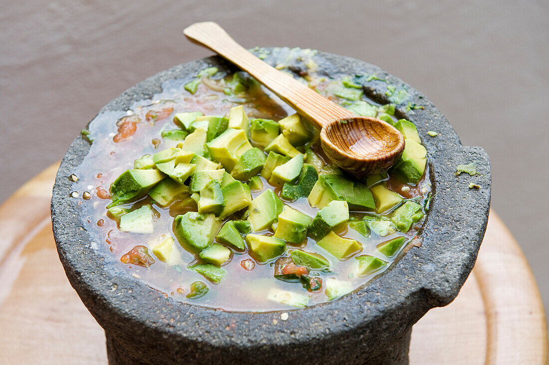 Mexico, Federal District, Mexico City, Coyoacan district market, salsa verde con aguacate, avocado salad