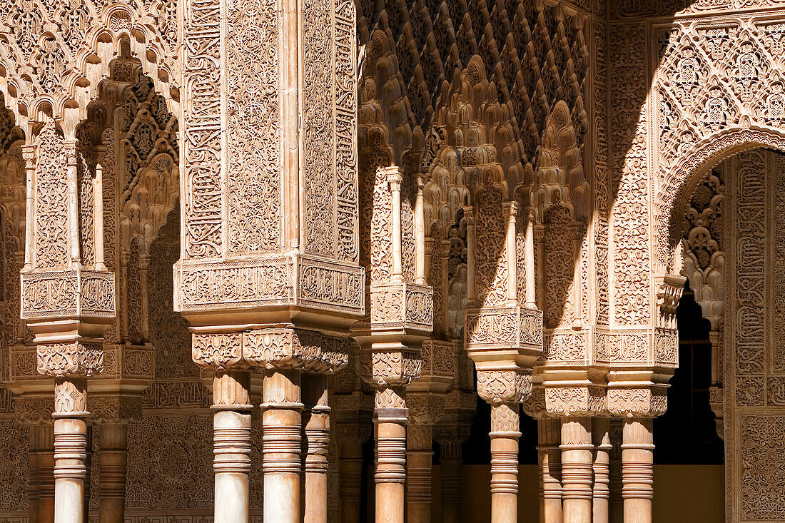Spain, Andalusia, Granada, the Alhambra Palace, listed as World Heritage by UNESCO, built between 13th and 14th century, Nasrides Palace, Patio de Los Leones (Court of the Lions), Sala de la Barca