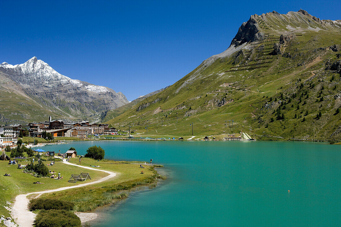 France, Savoie, Tignes 2100, Vanoise Massif with view on the snowy Pierre Pointe Rocks