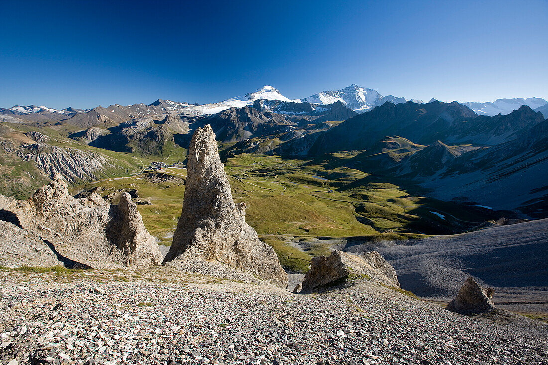 France, Tignes, Vanoise Massif, view on the Grande Motte (3656m) and the Grande Casse (3852m) from the Aiguille Percee