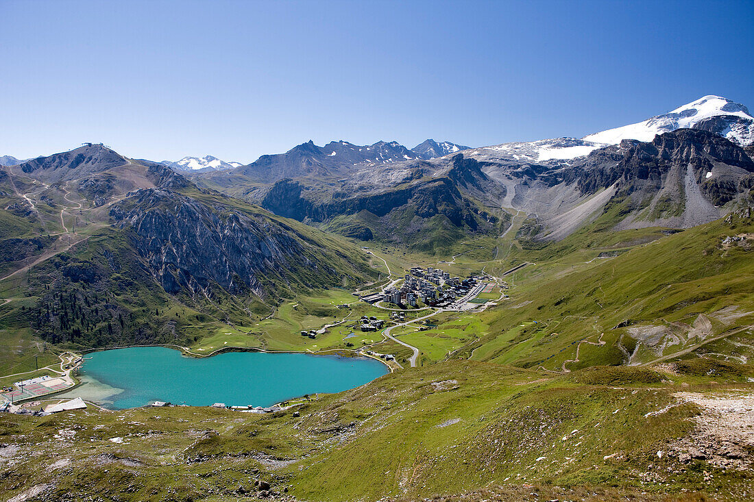 France, Savoie, Tignes 2100, with view on the Grande Motte (3656m)