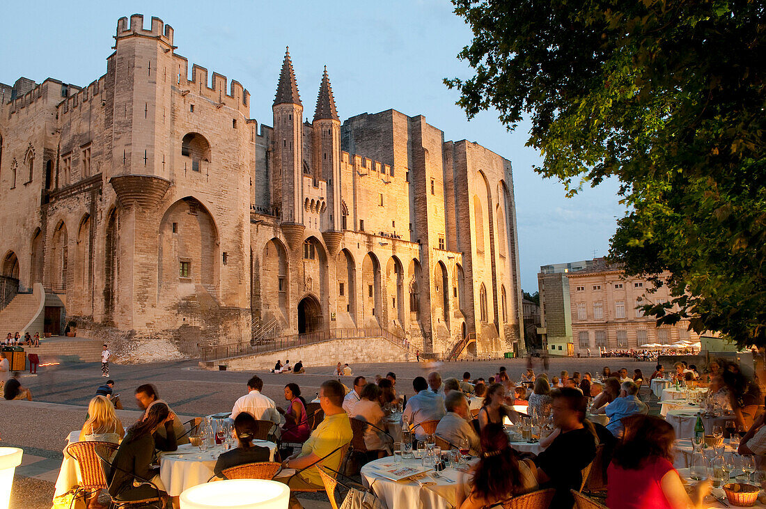 France, Vaucluse, Avignon, the Palais des Papes listed as World Heritage by UNESCO, cafe terrace