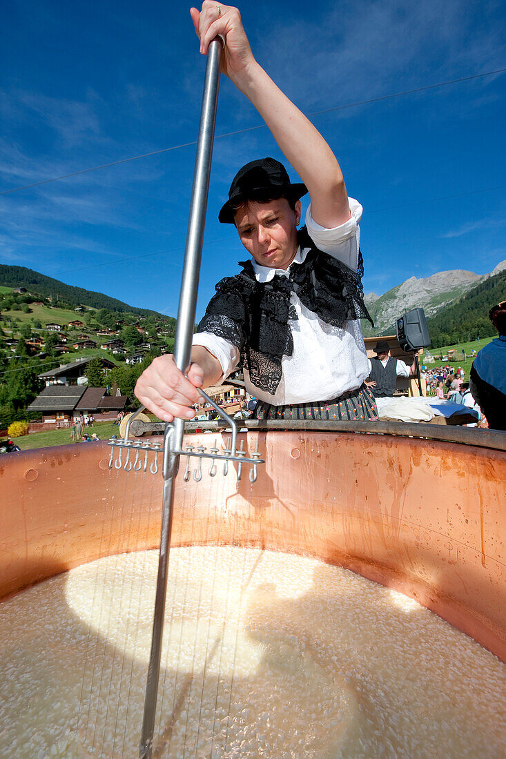 France, Haute Savoie, La Clusaz, Reblochon Festival, making Reblochon cheese