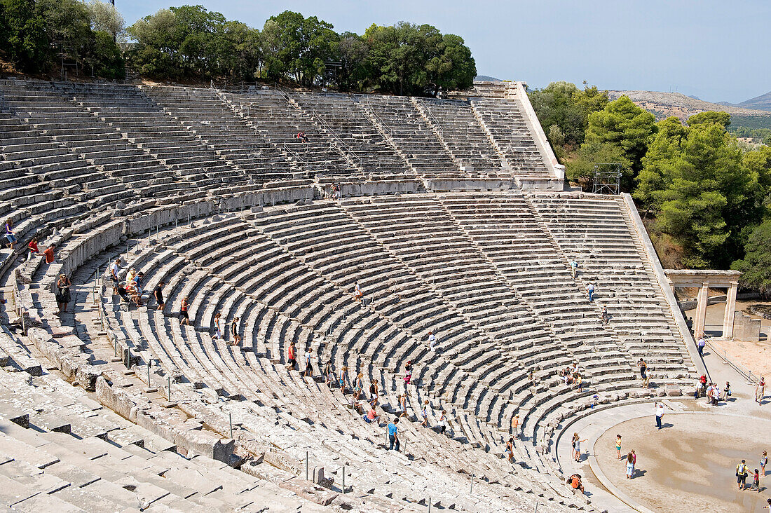 Greece, Peloponnese Region, the archaeological site of Epidaurus, listed as Wolrd Heritage by UNESCO, the theater built in the fourth century BC by the Argien architect Polykleitos the Younger