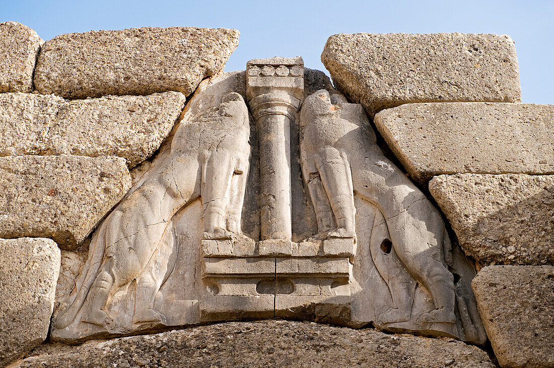 Greece, Peloponnese Region, archaeological site of Mycenae (Mykines) listed as World Heritage by UNESCO, the Lions Gate