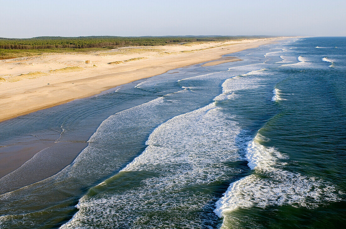 France, Gironde, the Atlantic ocean and the beach near Montalivet les Bains (aerial view)