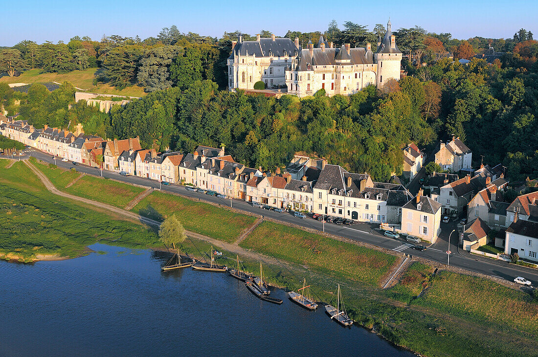 France, Loir et Cher, Loire Valley listed as World Heritage by UNESCO, Chaumont sur Loire, the castle, the village and the Loire river (aeriel view)