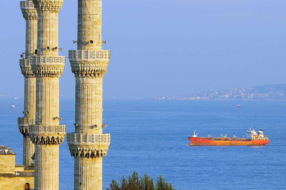 Turkey, Istanbul, historical centre listed as World Heritage by UNESCO, Sultanahmet District, minarets of the Sultan Ahmet Camii (Blue Mosque) and the Bosphorus strait
