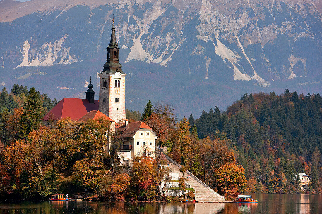 Slovenia, Gorenjska region, on the island of the Bled lake, church of the Assumption with the Julian Alps in the background