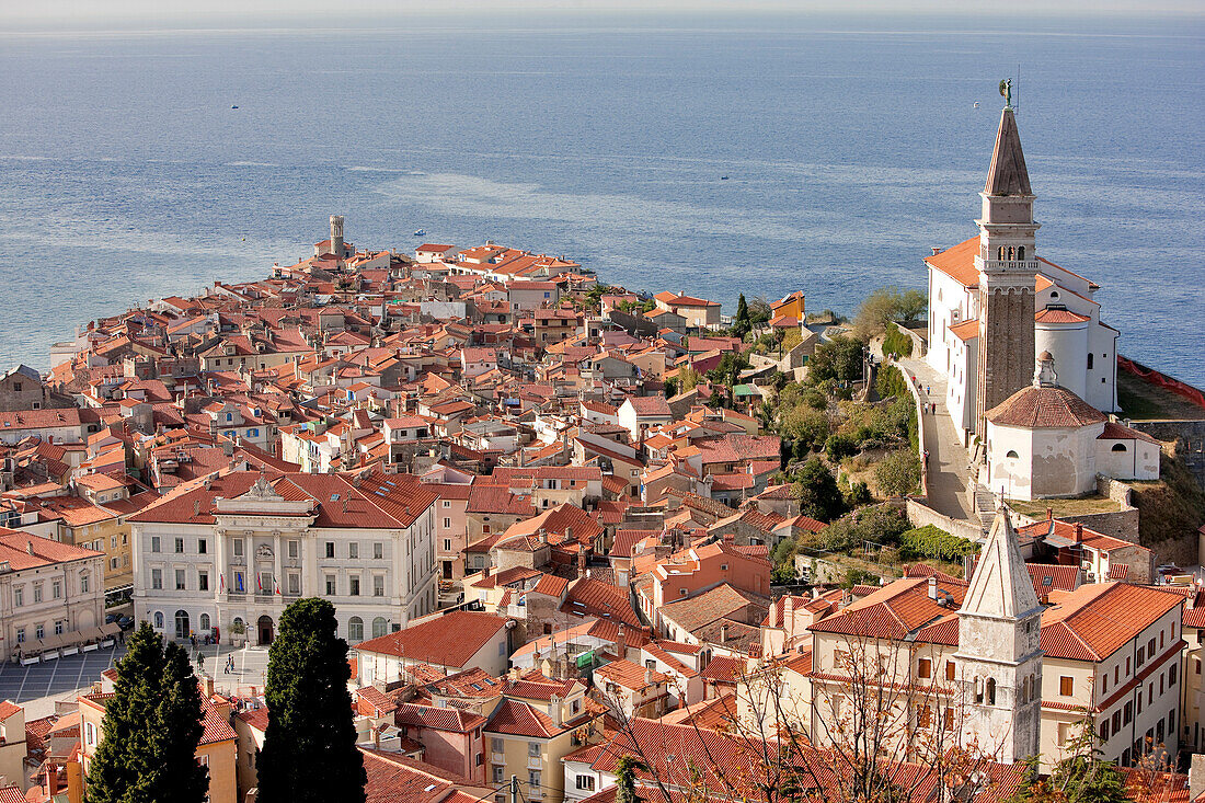 Slovenia, Gulf of Trieste, Adriatic Coast, Primorska Region, Piran seaside resort and tower of the Saint George church
