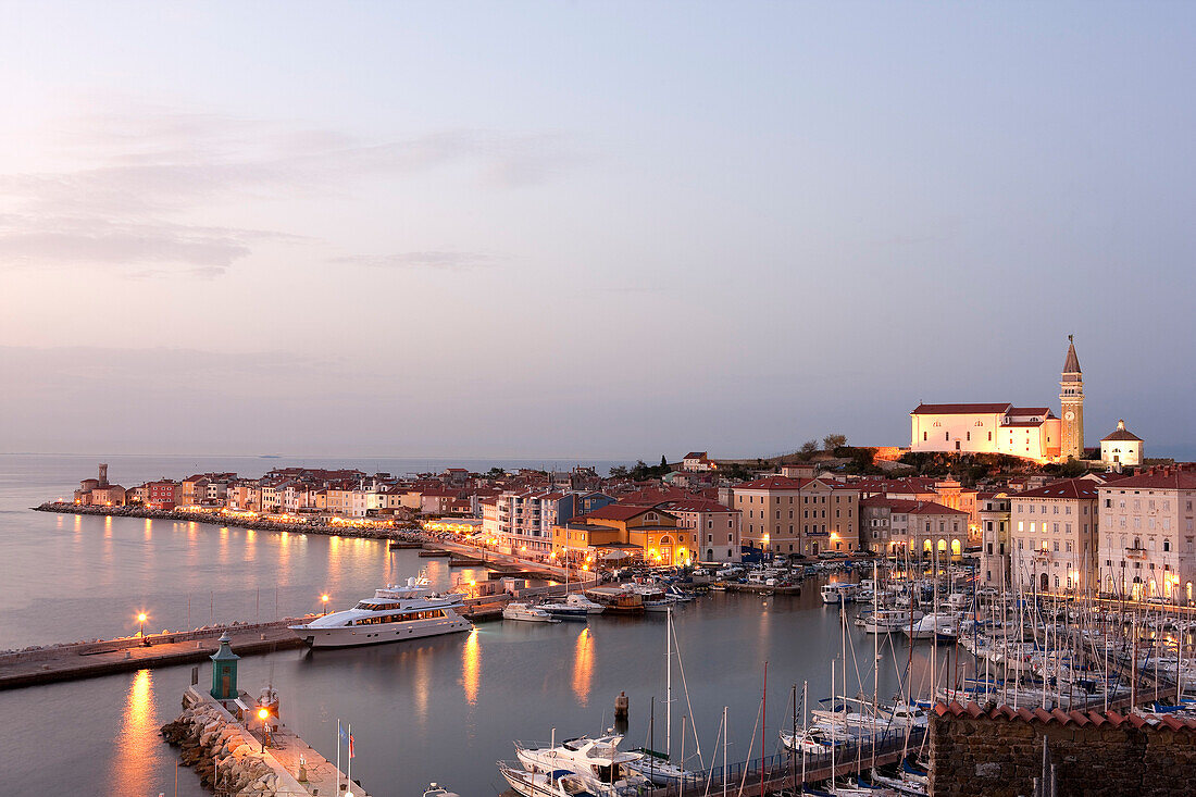 Slovenia, Gulf of Trieste, Adriatic Coast, Primorska Region, Piran seaside resort and tower of the Saint Georges church