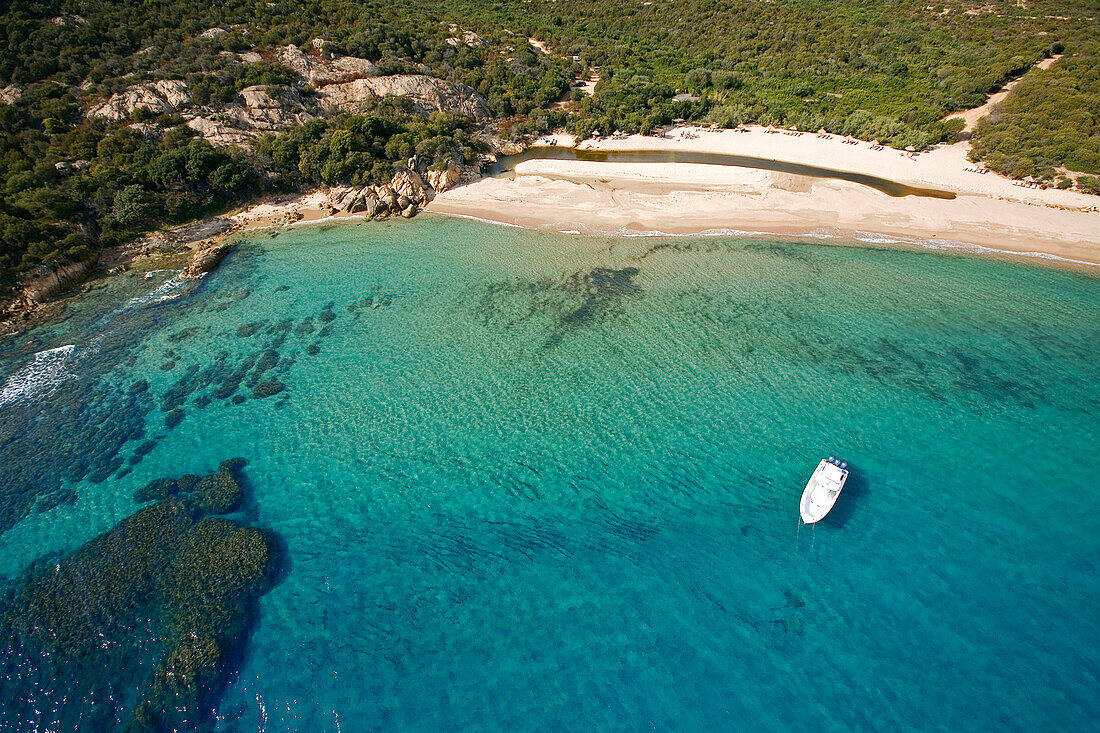 France, Corse du Sud, Domaine de Murtoli, the Big Beach, Erbaju Beach (aerial view)