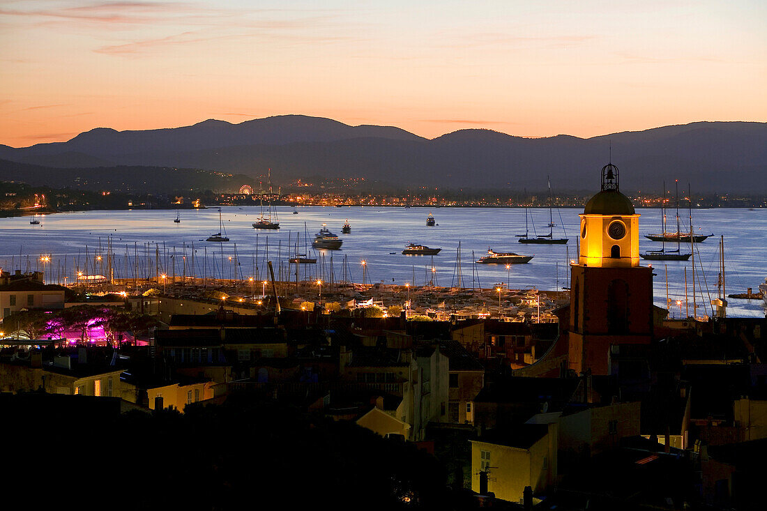 France, Var, Saint Tropez, parish church and Gulf of Saint Tropez seen from the citadel, Grimaud in the background
