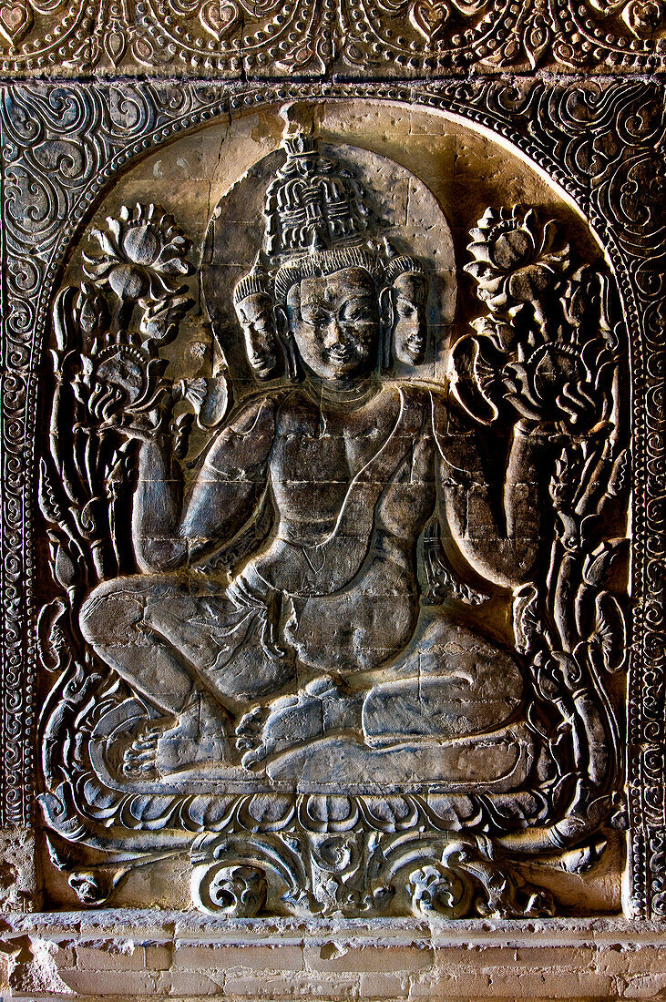 Myanmar (Burma), Mandalay Division, Bagan (Pagan), Old Bagan, Nanpaya Pagoda (Pahto Nanpaya) dating from the 11th Century, bas relief representing the hindu god Brahma