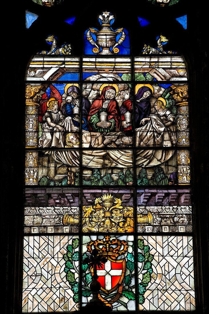 France, Savoie, Chambery, chateau des ducs de Savoie, stained-glass window of Sainte Chapelle, visit of the holy women on the morning of Easter with the holy shroud