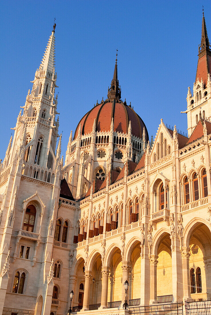 Hungary, Budapest, the Parliament, which was achieved in 1902, overlooking the Danube river bank, listed as World Heritage by UNESCO at Pest