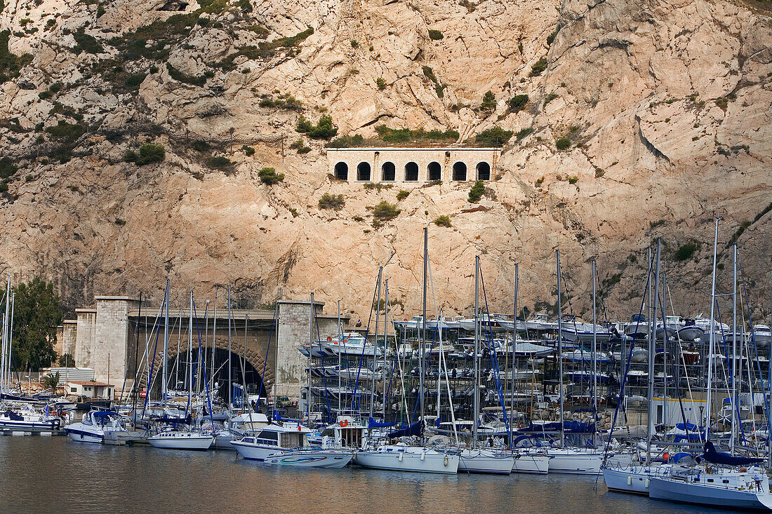 France, Bouches du Rhone, Marseille, L'Estaque district, entry of Tunnel du Rove and the harbour