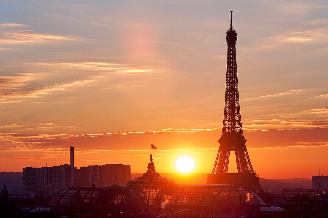 France, Paris, area listed as World Heritage by UNESCO, the Eiffel tower and the glass-roof of the Grand Palais at the sunset