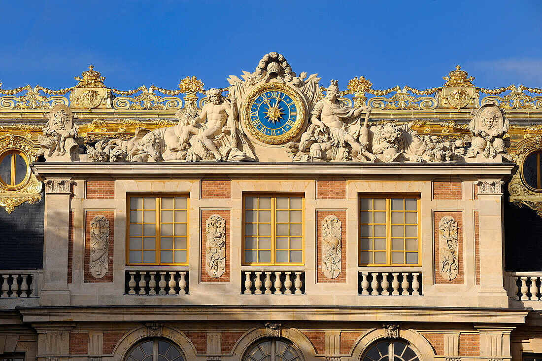 France, Yvelines, Château de Versailles, listed as World Heritage by UNESCO, clock of the Cour de Marbre (Marble Courtyard) renovated in 2008