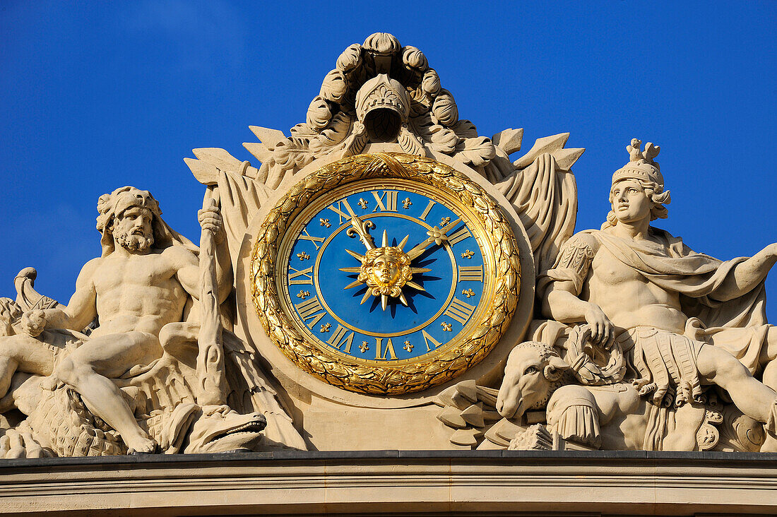 France, Yvelines, Château de Versailles, listed as World Heritage by UNESCO, clock of the Cour de Marbre (Marble Courtyard) renovated in 2009