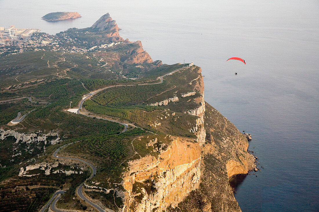 France, Bouches du Rhone, paragliding above Cap Canaille at Cassis (aerial view)