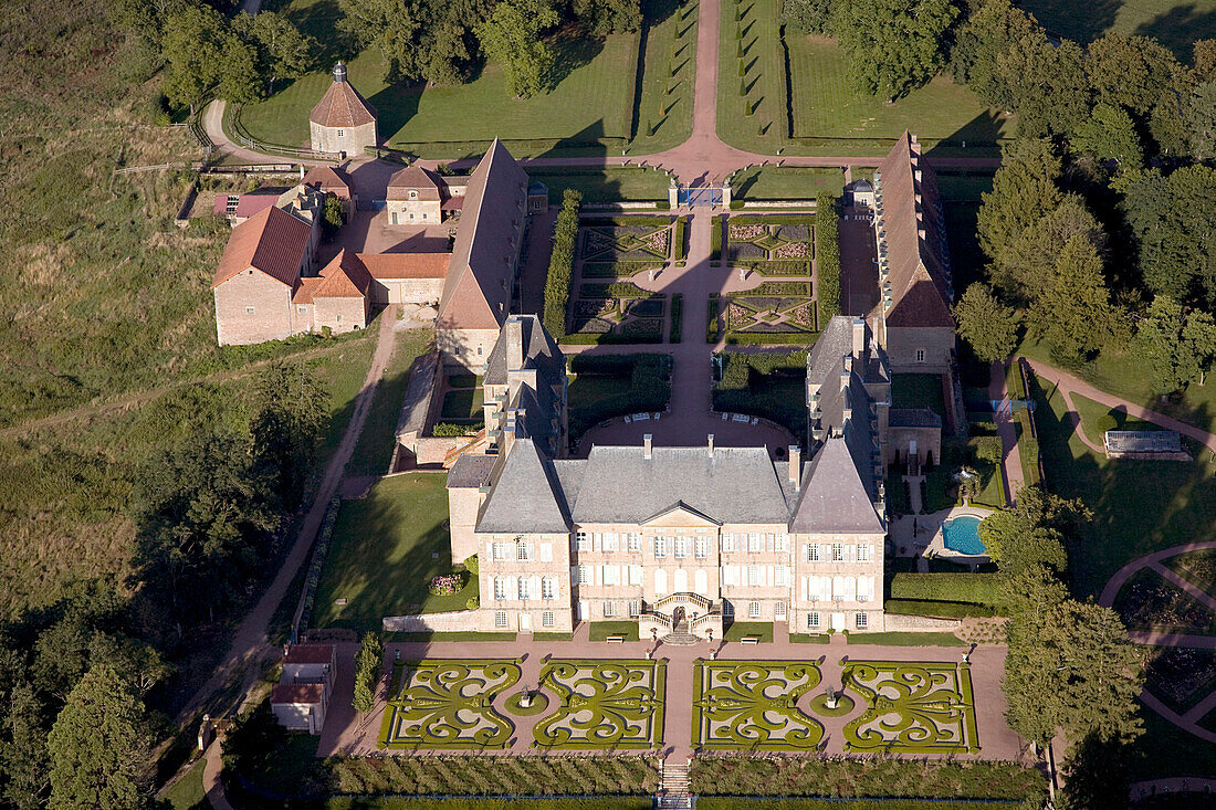 France, Saone-et-Loire, château de Dree and its formal gardens near the village of Curbigny restored in 1995 by current owner Ghislain Prouvost (aerial view)
