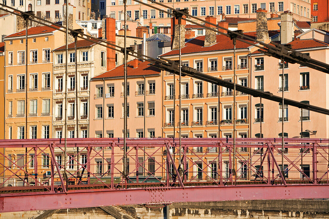 France, Rhone, Lyon, historical site listed as World Heritage by UNESCO, Quay and St Vincent footbridge over the Saone river