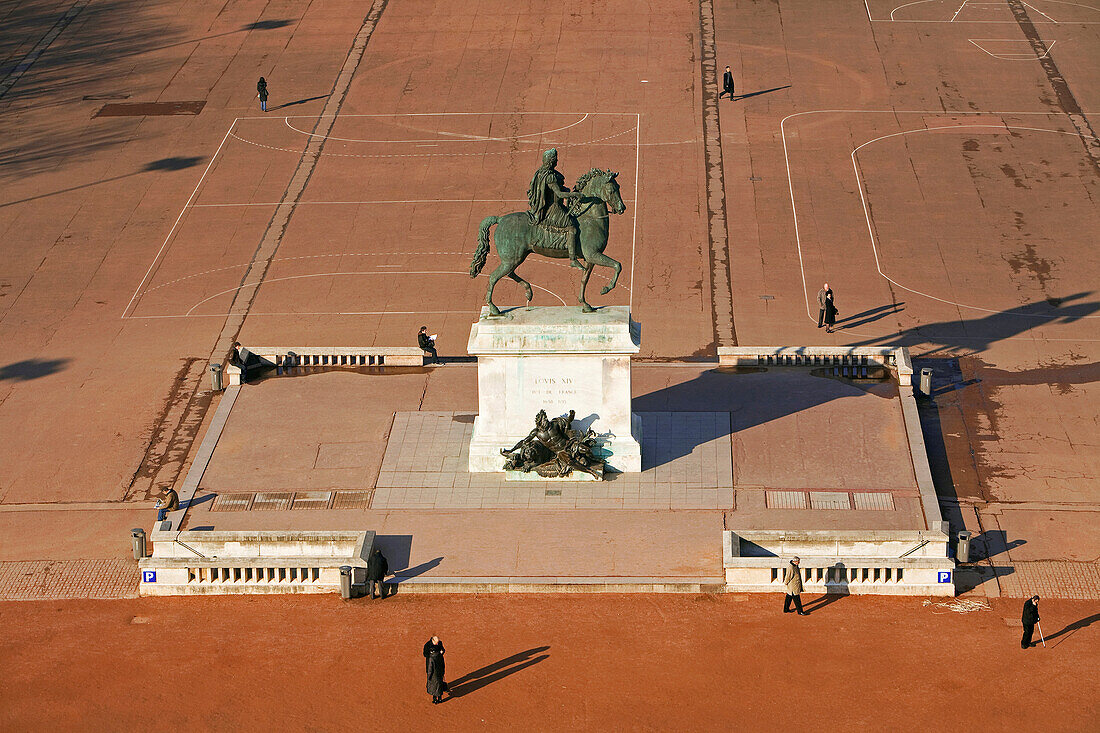 France, Rhone, Lyon, historical site listed as World Heritage by UNESCO, equestrian statue of Louis XIV on place Bellecour (Bellecour square) seen from the great wheel