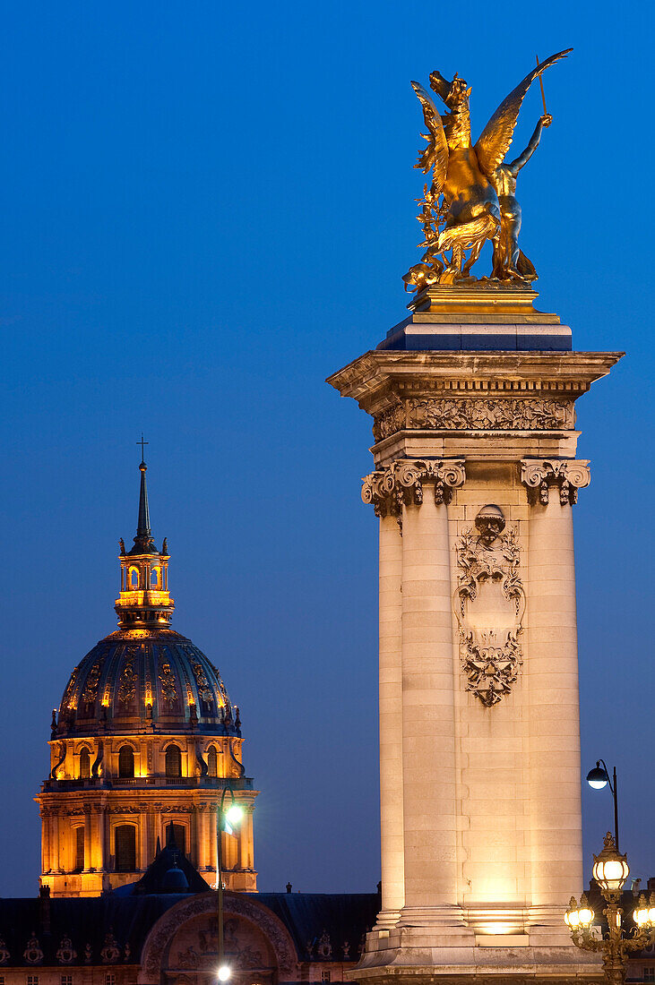 France, Paris, area listed as World Heritage by UNESCO, the Invalides dome and one pilar of Alexander III bridge