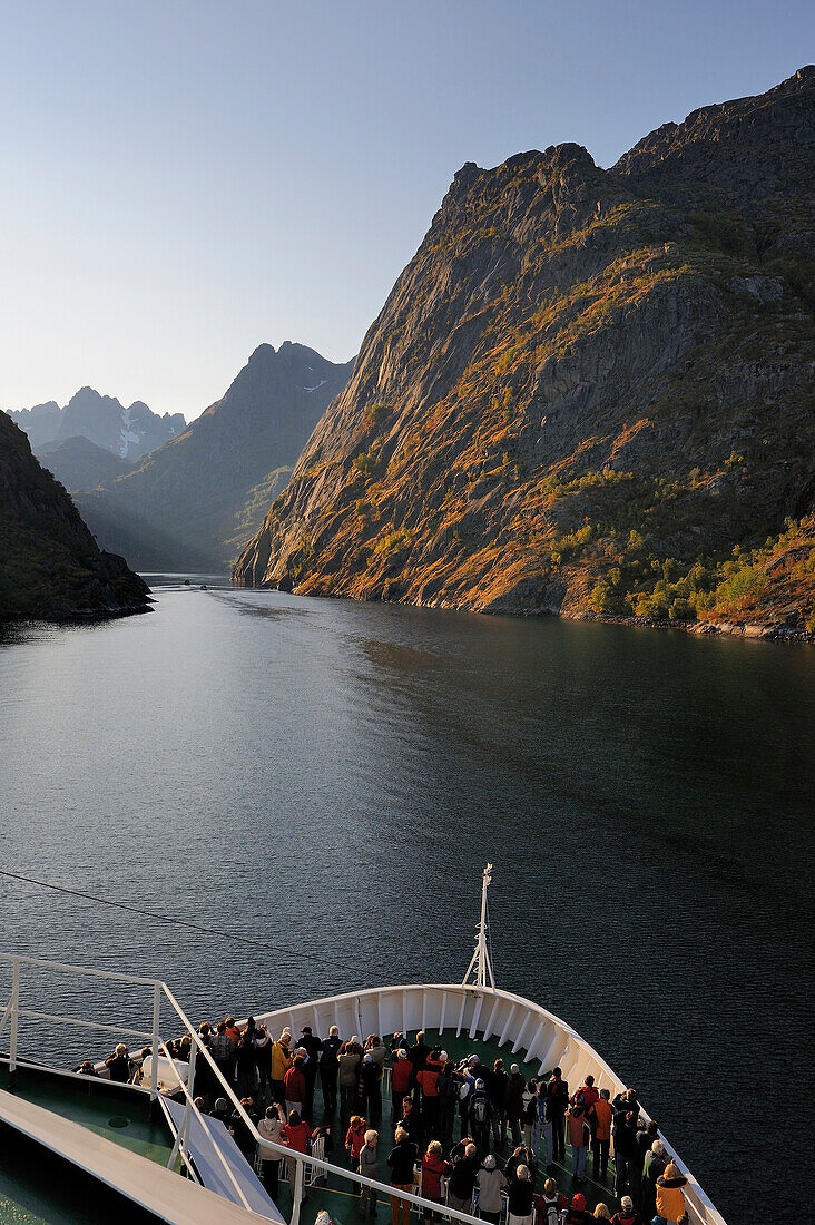 Norway, Nordland County, Lofoten Islands, Austvagoy Island, the Coastal Express (Hurtigruten) crossing Trollfjord, narrow fjord at the edge of Raftsundet