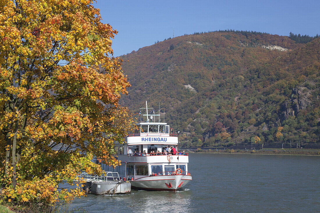 Schiff auf dem Rhein bei Trechtingshausen, Oberes Mittelrheintal, Rheinland-Pfalz, Deutschland, Europa