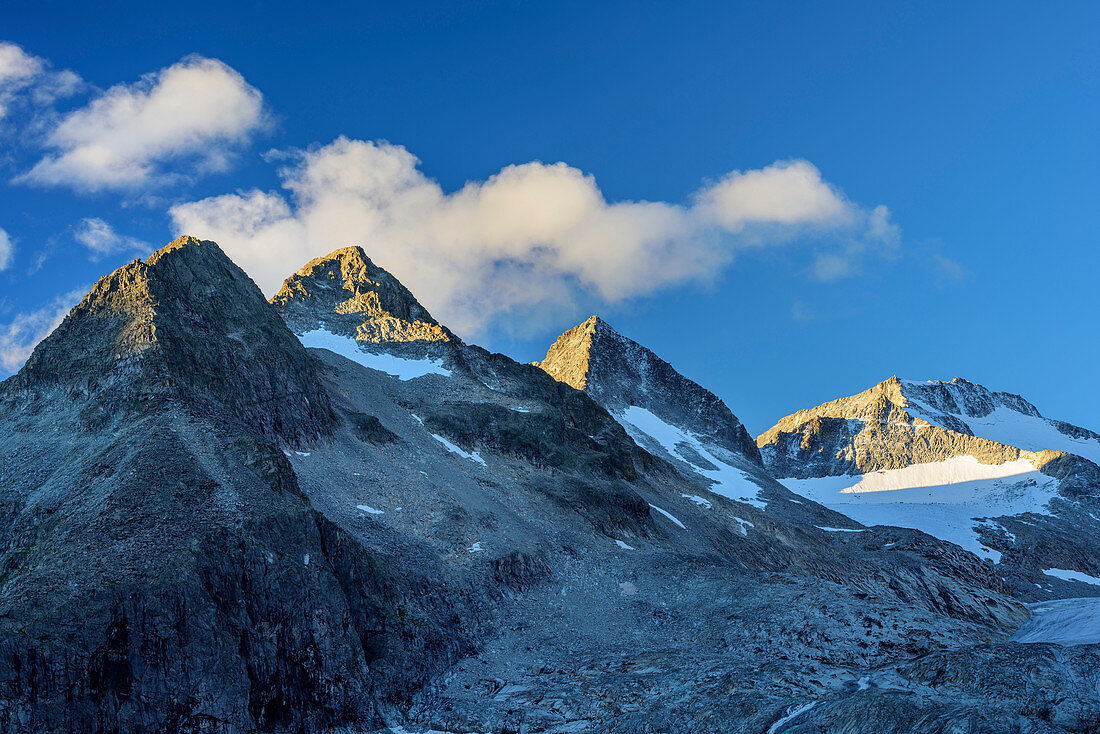 View to Lobbia di Mezzo, Lobbia Alta and Cresta della Croce, hut rifugio Madron, Adamello-Presanella Group, Trentino, Italy