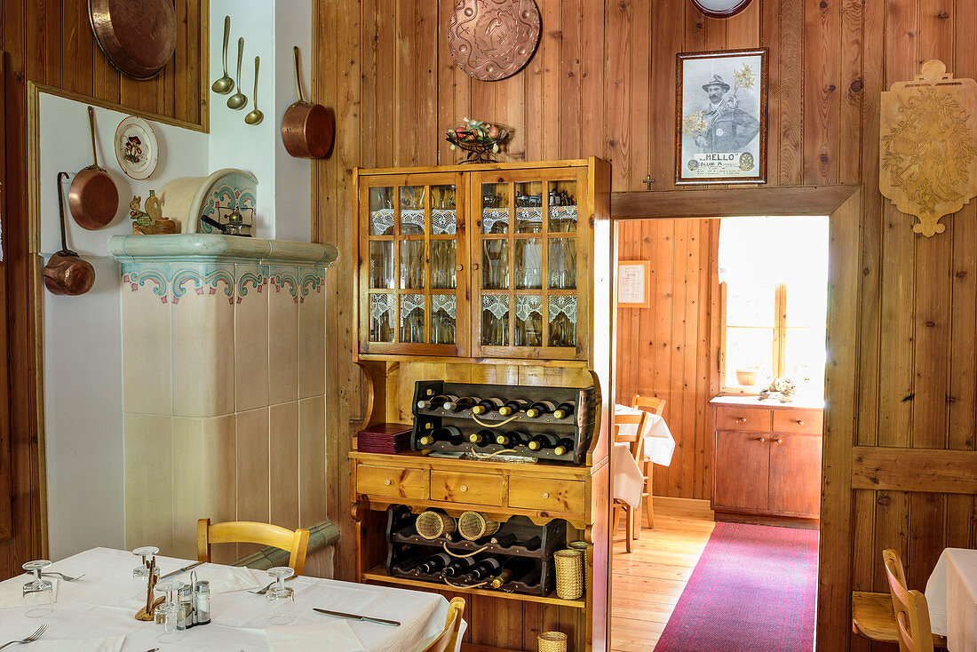 Historical dining room at hut rifugio Bedole, hut rifugio Bedole, Val Genova, Adamello-Presanella Group, Trentino, Italy