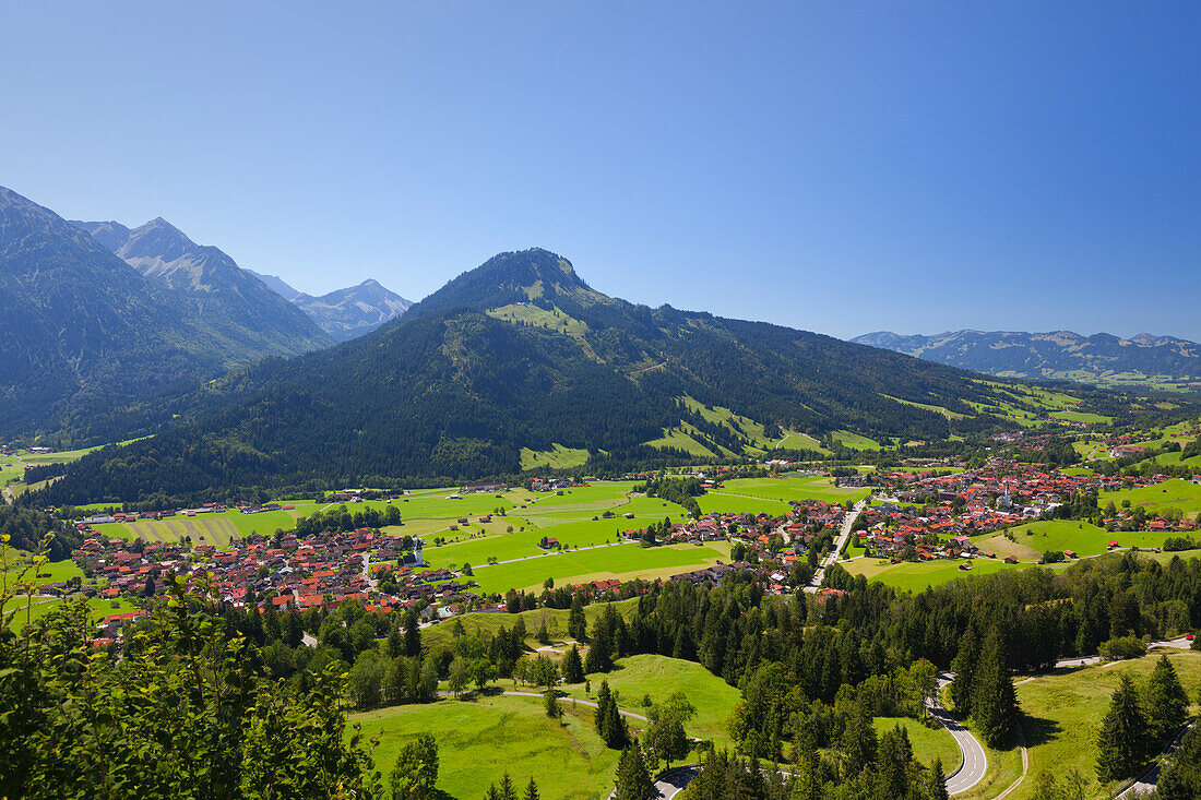 View over Ostrach valley with Bad Oberdorf, Bad Hindelang and Imberger Horn, Allgaeu Alps, Allgaeu, Bavaria, Germany