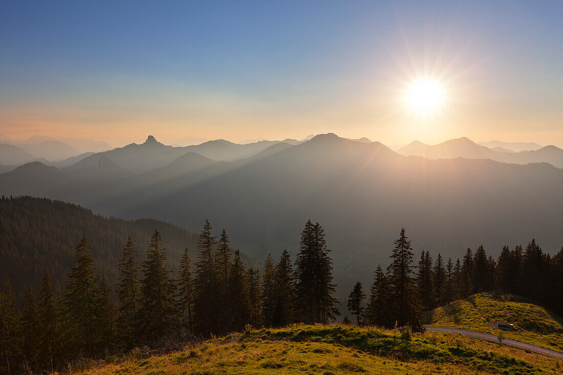 View from Wallberg to the Bavarian Alps with the distinctive peak of Roßstein/ Buchstein, near Rottach-Egern am Tegernsee, Mangfallgebirge, Bavaria, Germany