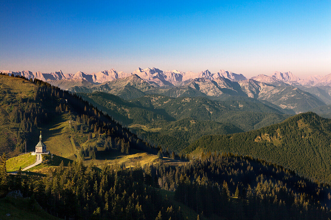 View from Wallberg over the chapel to Karwendel mountains, near Rottach-Egern am Tegernsee, Mangfallgebirge, Bavaria, Germany