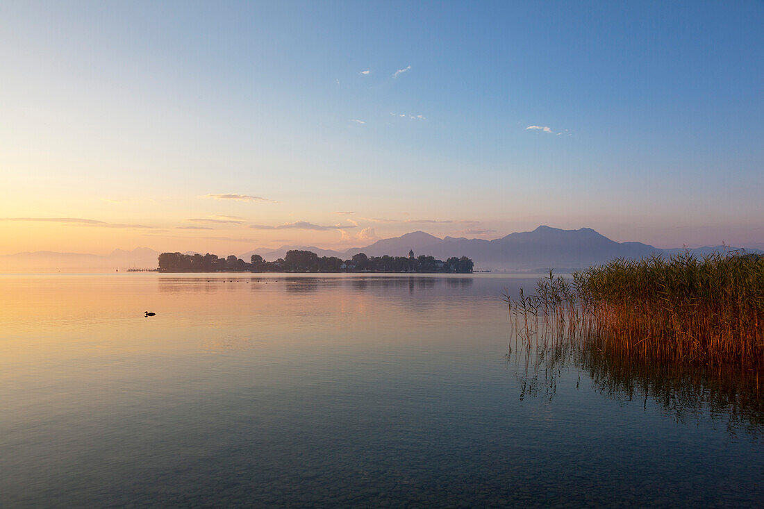 Blick über den Chiemsee zur Fraueninsel, bei Gstadt, Bayern, Deutschland