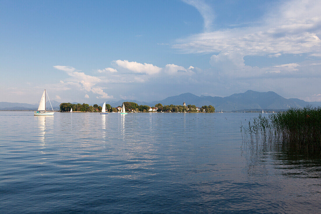 View over Chiemsee to Fraueninsel, near Gstadt, Bavaria, Germany