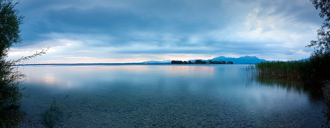 View over Chiemsee to Fraueninsel, near Gstadt, Bavaria, Germany