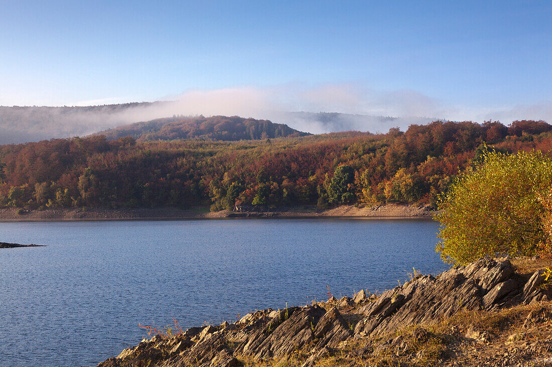 Rur reservoir near Heimbach, Eifelsteig hiking trail, Eifel national park, Eifel, North Rhine-Westphalia, Germany