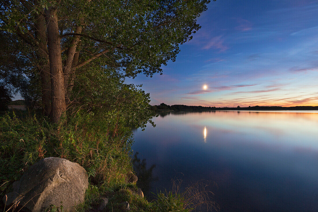 Mond spiegelt sich im Wasser, Schweriner See, Mecklenburgische Seenplatte, Mecklenburg-Vorpommern, Deutschland