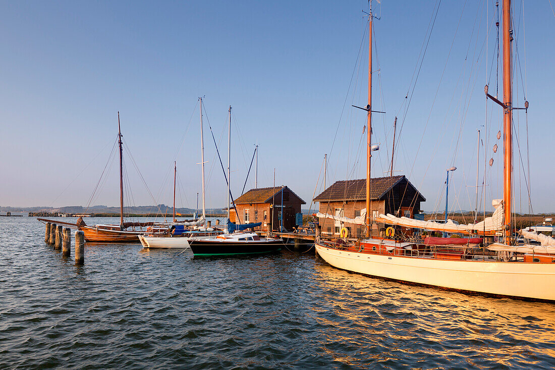 Boats in the harbour, Gager, Moenchgut peninsula, Ruegen, Baltic Sea, Mecklenburg-West Pomerania, Germany